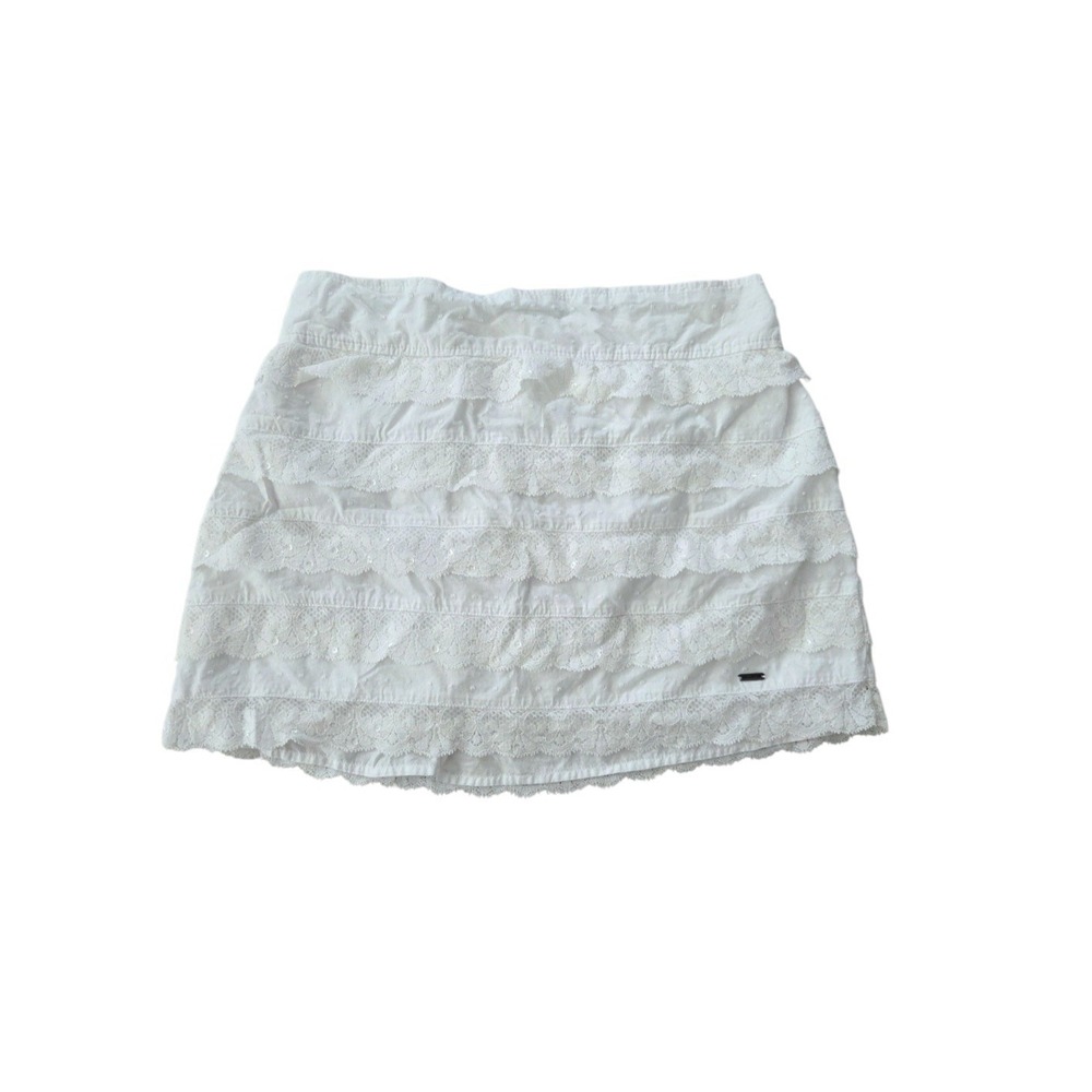 Hollister White Lace Tiered Mini Skirt M Boho‎ Stretch Waist Sequin Y2K Cute NEW